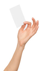 Humans hand with vertical small empty card