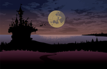 Halloween night scene landscape.Spooky castle on the lake shore under the full moon. Halloween card vector illustration