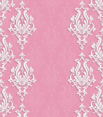 Vector Pink 3d Vintage Invitation Card with Floral Damask Pattern