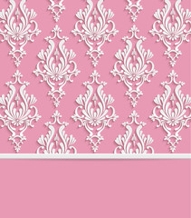 Vector Pink 3d Vintage Background for Greeting or Invitation Card with Damask Floral Pattern