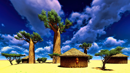 African village with traditional huts 