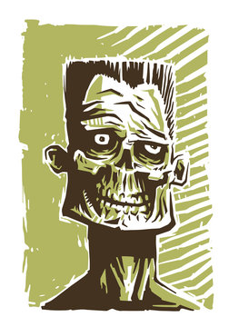 Vector zombie face green. Image of the face zombie in a green tone on a white background. It looks like a portrait.
