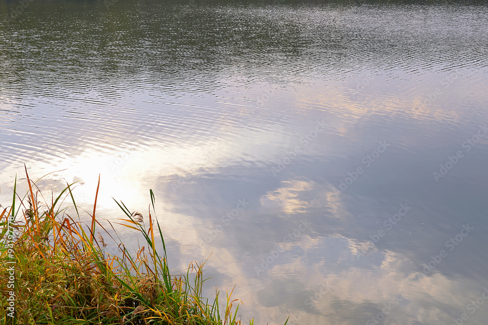 Wall mural autumn water background with reflection of clouds in water and g