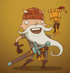 Vector cartoon image of a funny gnome with a white beard dressed in a gray suit of armor and a red helmet standing with a goblet of wine in his hand on a yellow-brown background.