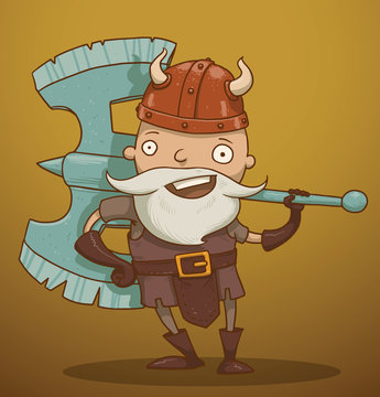 Vector funny gnome with a huge ax. Cartoon image of a funny gnome with a white beard dressed in a gray suit of armor and a red helmet standing with a huge ax in his hand on a yellow-brown background.