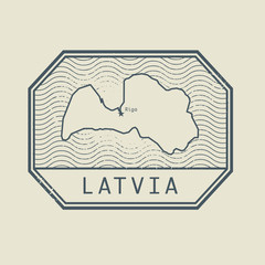 Stamp with the name and map of Latvia