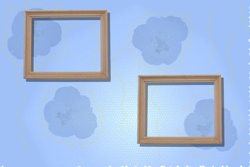 floral background with blue flowers and wooden frames