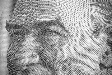 Close up to Mustafa Kemal Atatürk portrait on twenty liras bill