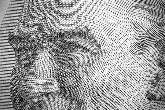 Close up to Mustafa Kemal Atat&uuml;rk portrait on twenty liras bill