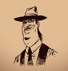 Vector gangster with a mustache and little beard. Image of a gangster with a mustache and little beard in a white shirt, black vest, tie and black hat on a beige background.