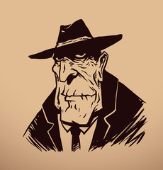 Vector old gangster. Image of an old gangster in black suit, tie and black hat on a beige background.