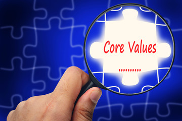 Core Values word. Magnifier and puzzles.