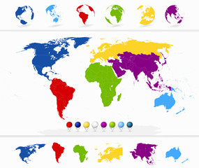 Colorful World Map with Continents and Globes