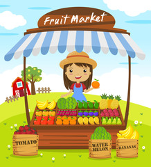 Fruit shop stall. farmers market, cartoon characters vector illustration