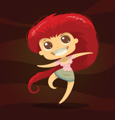 Vector cute funny girl with red hair. Cartoon image of the cute funny girl with red hair in gray skirt and pink blouse on rich brown background.