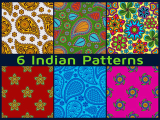 Set of six seamless patterns in Indian style.