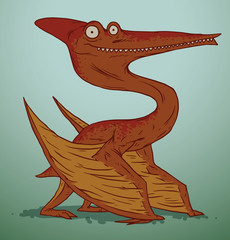 Vector orange cute dinosaur. Cartoon image of an orange cute dinosaur on a blue background. Looks like a pterodactyl. © Ivan Nikulin