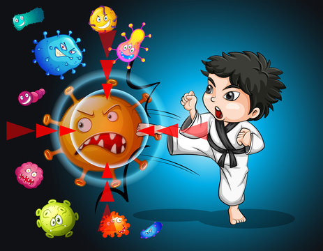 Boy in karate suit kicking bacteria