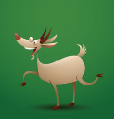 Vector funny goat rejoices. Cartoon image of a funny white goat which rejoices on a bright green background.