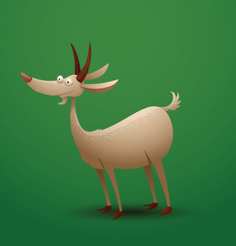 Vector funny goat stands. Cartoon image of a funny white goat which stands on a bright green background.