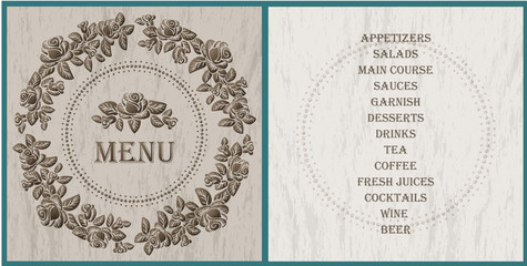 wood style decorated menu template - brown roses vignette on the light gray wood texture background
