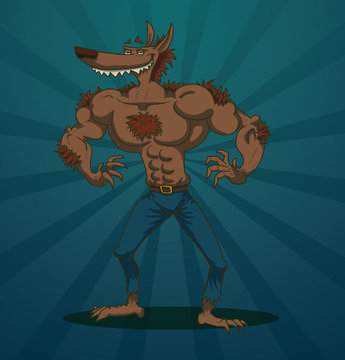 Vector funny macho man wolf. Cartoon image of funny macho man wolf with brown wool with sharp fangs in blue trousers on a blue background.