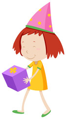 Girl with party hat carrying a gift