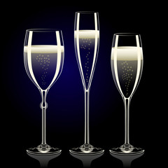 Set of transparent champagne glasses with sparkles on black back