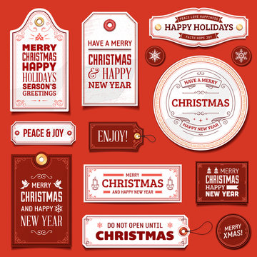 White and Red Vector Christmas Labels