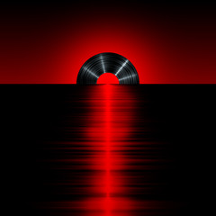 Fototapeta na wymiar Vinyl sunset red / 3D render of vinyl record as setting sun on horizon