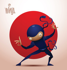 Vector image of ninja warrior in the traditional dark blue suit which standing in a fighting stance on the background of the red circle on a light background, symbolizing the flag of Japan. 