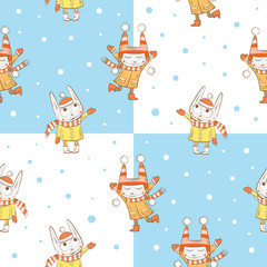 Vector winter seamless pattern with cartoon rabbits  and snowflakes on a blue  background.