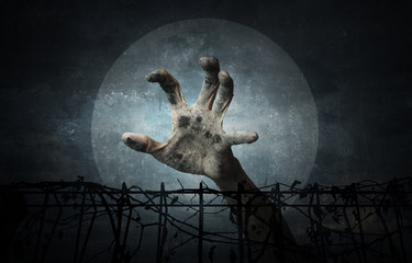 Hand over metal fence with dry leaves over dark sky and moon, Ha