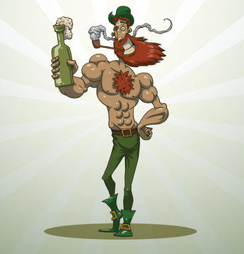 Vector cartoon image of Saint Patrick with red hair and a beard in green trousers, boots and a hat, with a pipe in his mouth and bottle of beer on light background. In the theme of St. Patrick's Day.
