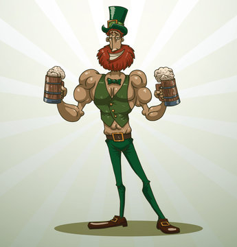 Vector cartoon image of Saint Patrick with red hair and beard in green trousers, jacket, hat and brown shoes, with two mugs of beer in his hands on light background. In the theme of St. Patrick's Day.
