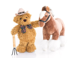 Teddy bear .farmer with pitchfork  and horse