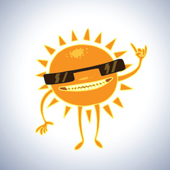 Vector funny sun in sunglasses. Cartoon image of an orange funny sun in sunglasses on a blue celestial background.