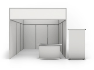 Trade exhibition stand and blank roll banner 3d render isolated - white booth for customizing