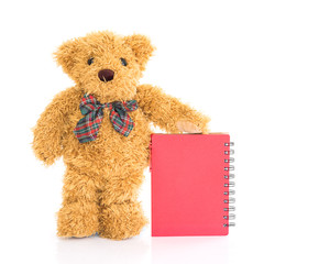 Teddy bear with pen and blank red notebook