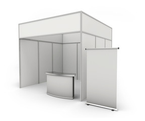 Trade exhibition stand and blank roll banner 3d render isolated - white booth for customizing