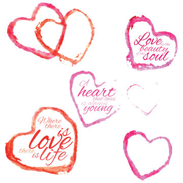 Collection of watercolor hearts with quotations on white background