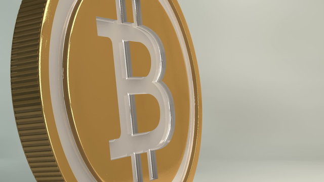 A literal depiction of a bit coin spinning on a studion background