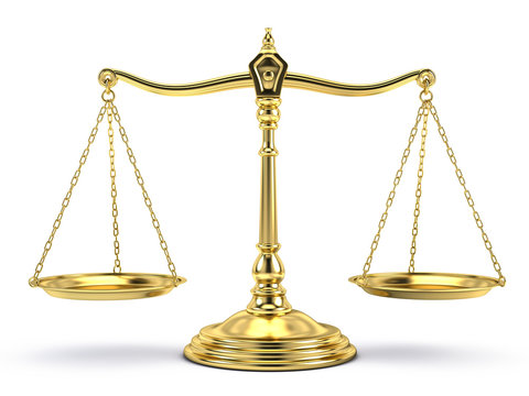 Justice, law, decisions concept - Balanced gold scale isolated on white