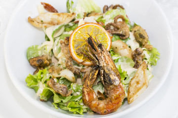 seafood salad on a plate on a white background