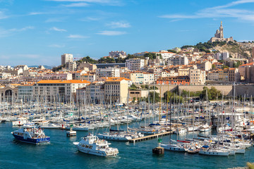 Notre Dame de la Garde and olf port in Marseille, France