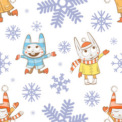 Vector winter seamless pattern with cartoon rabbits  and snowflakes on a white  background.