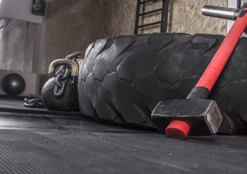 Different  crossfit equipment used for crossfit training at fitness club
