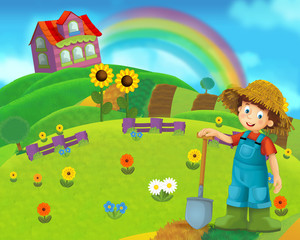 Obraz na płótnie Canvas Cartoon farm scene with a farm girl - illustration for the children