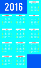 Calendar for 2016 on White Background. Week Starts Sunday
