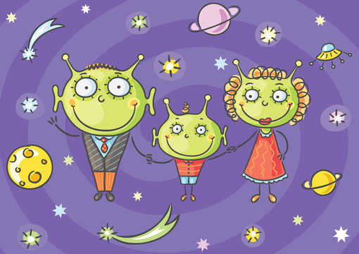 Cartoon Alien Family With A Little Son On Space Background